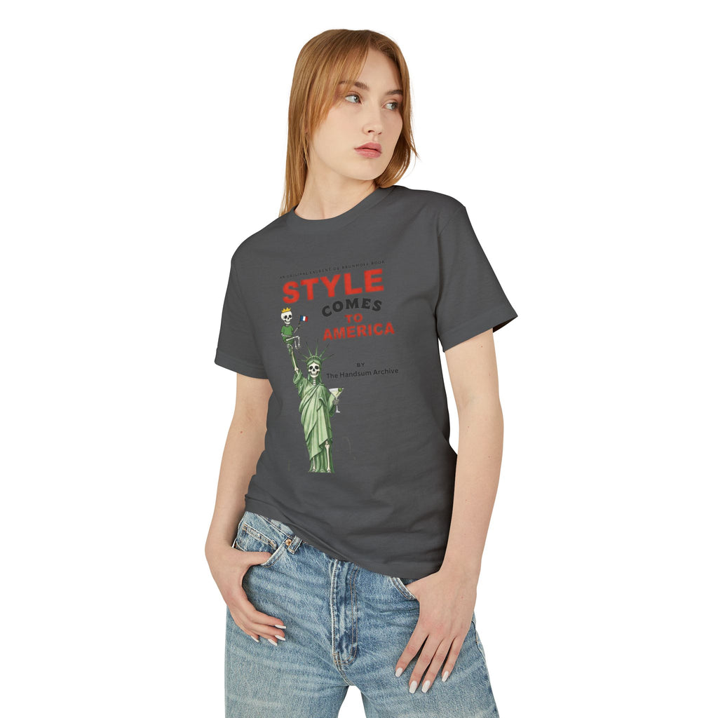 Dark gray graphic tee with Statue of Liberty-style print and slogan on chest