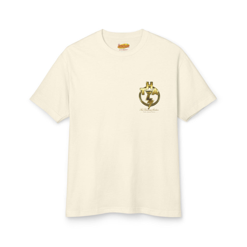 Faded cream T-shirt with small gold emblem graphic on the chest