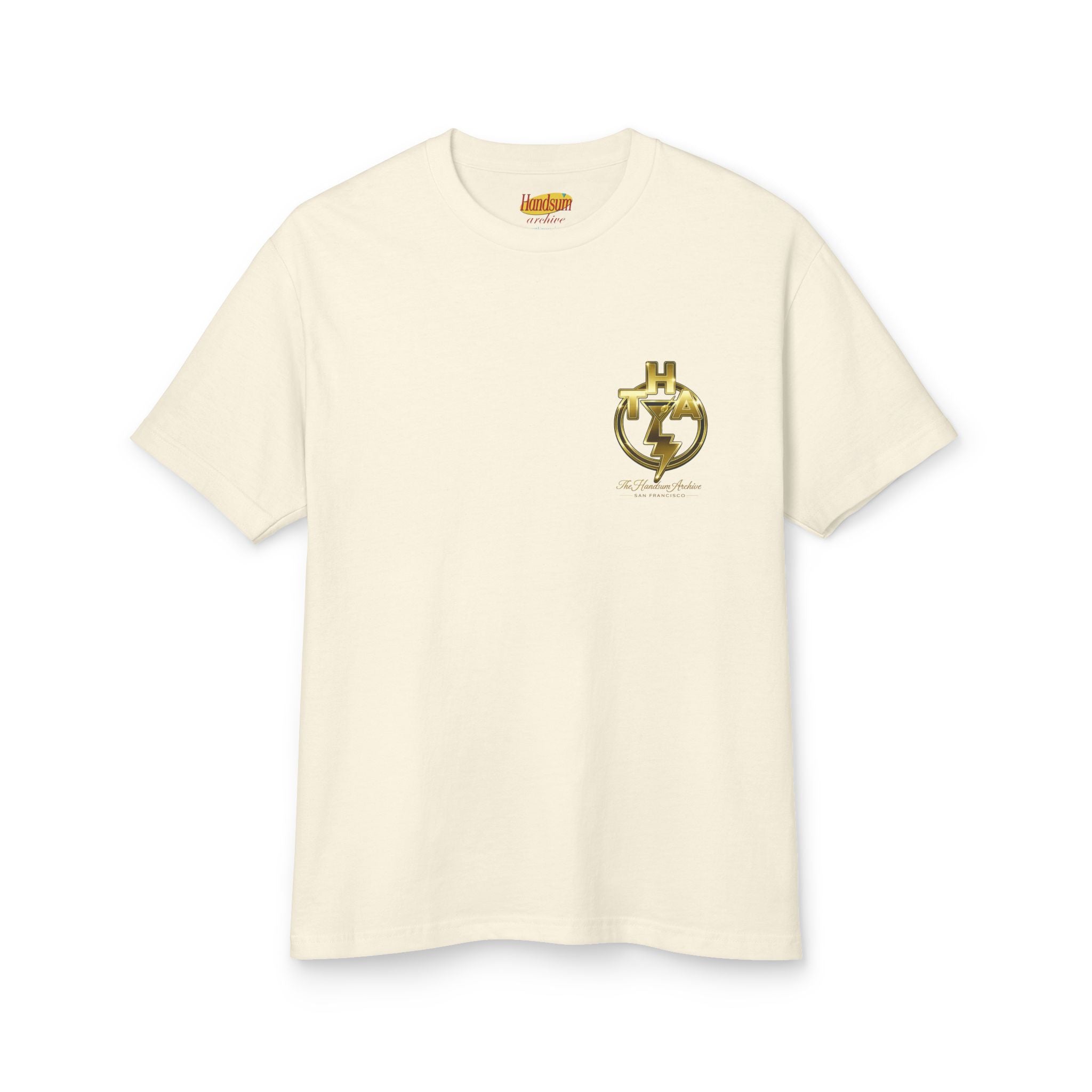 Faded cream T-shirt with small gold emblem graphic on the chest