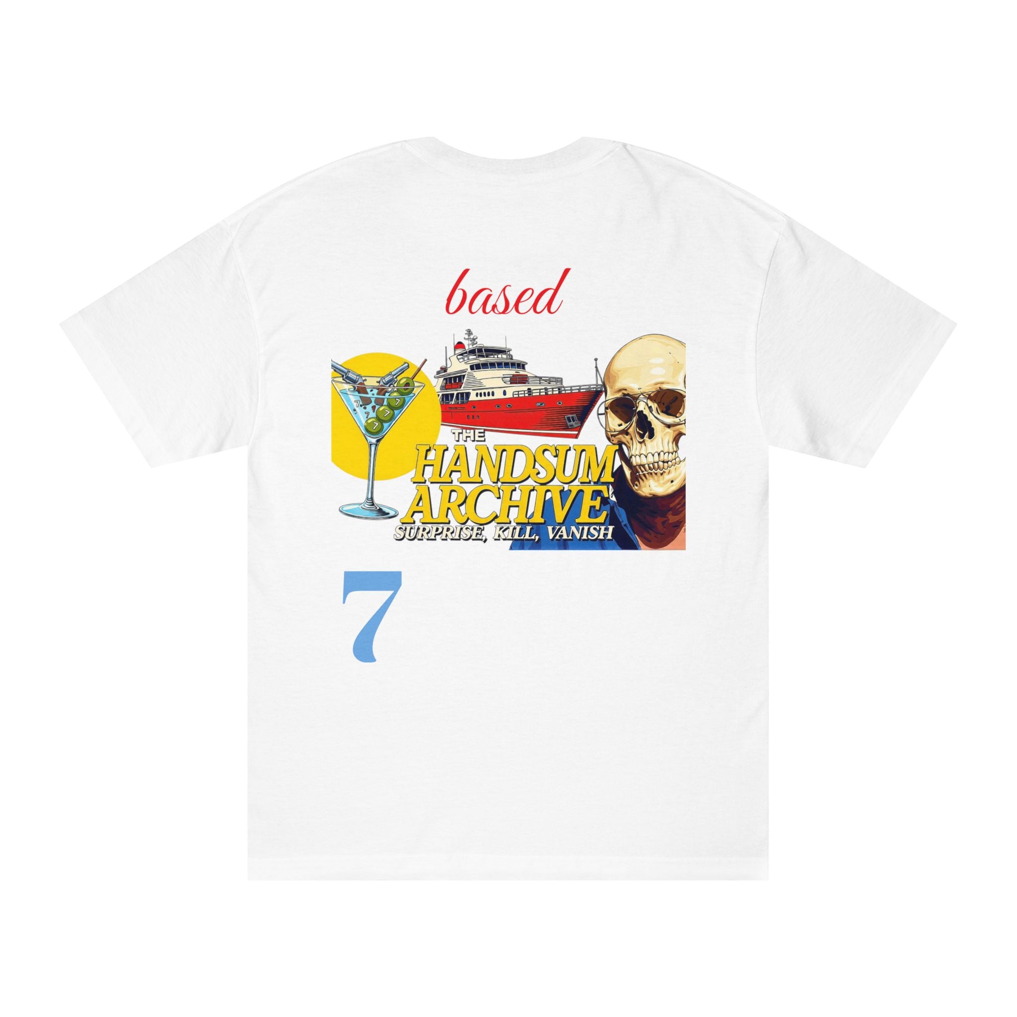 White crew-neck graphic tee, back print with skull-and-yacht cocktail collage.