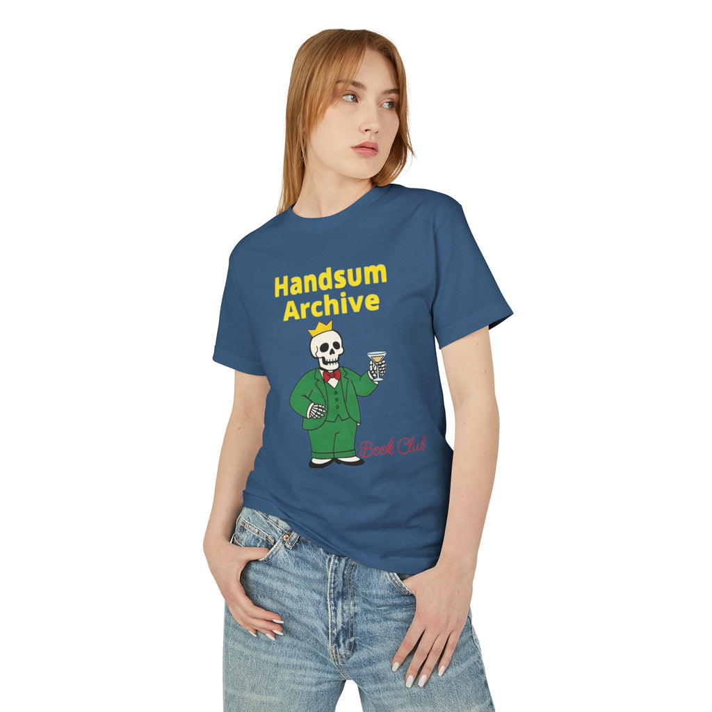 Faded blue T-shirt with Handsum Archive skull bartender graphic on front