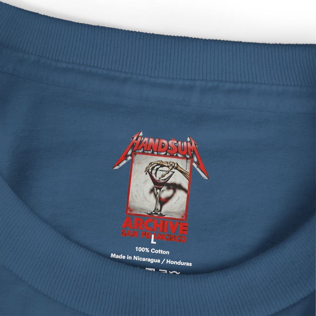 Dark blue cotton T-shirt with ribbed crew neck and front graphic logo