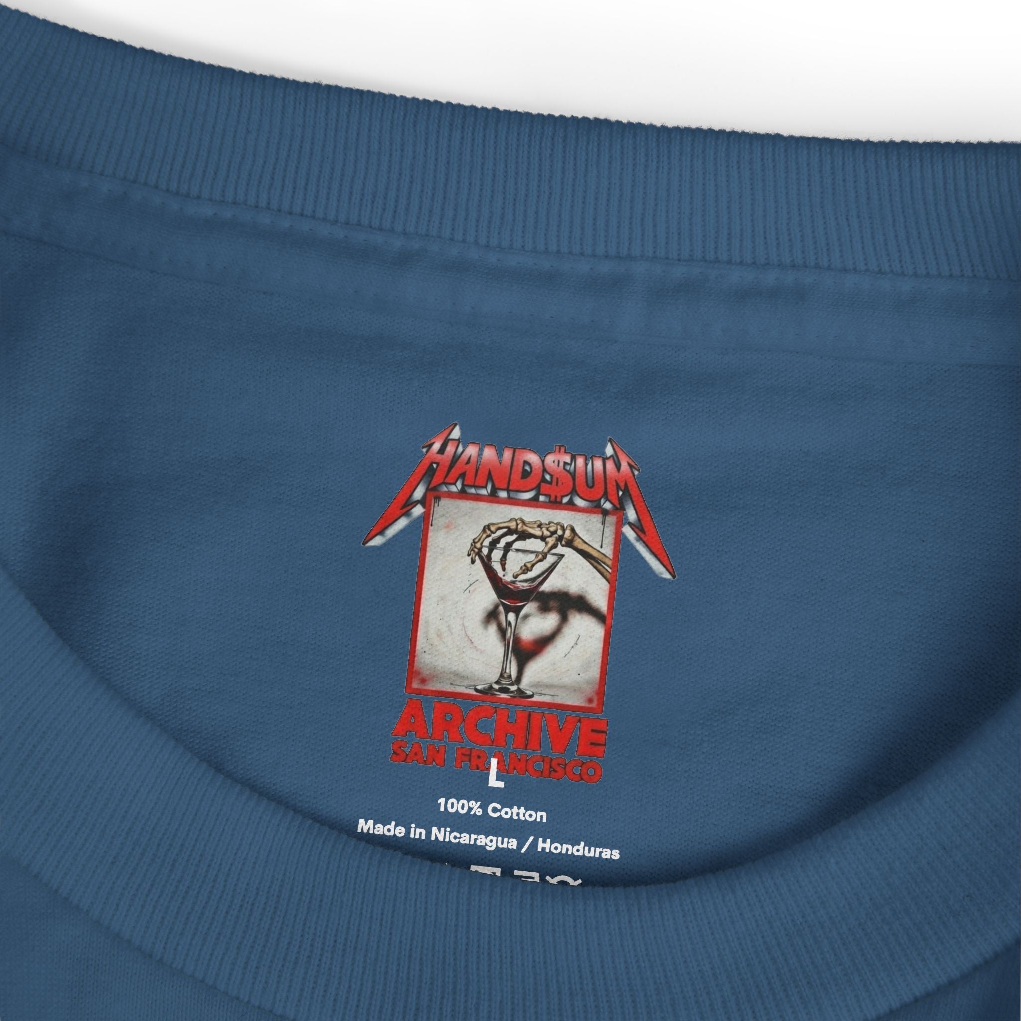 Dark blue cotton T-shirt with ribbed crew neck and front graphic logo