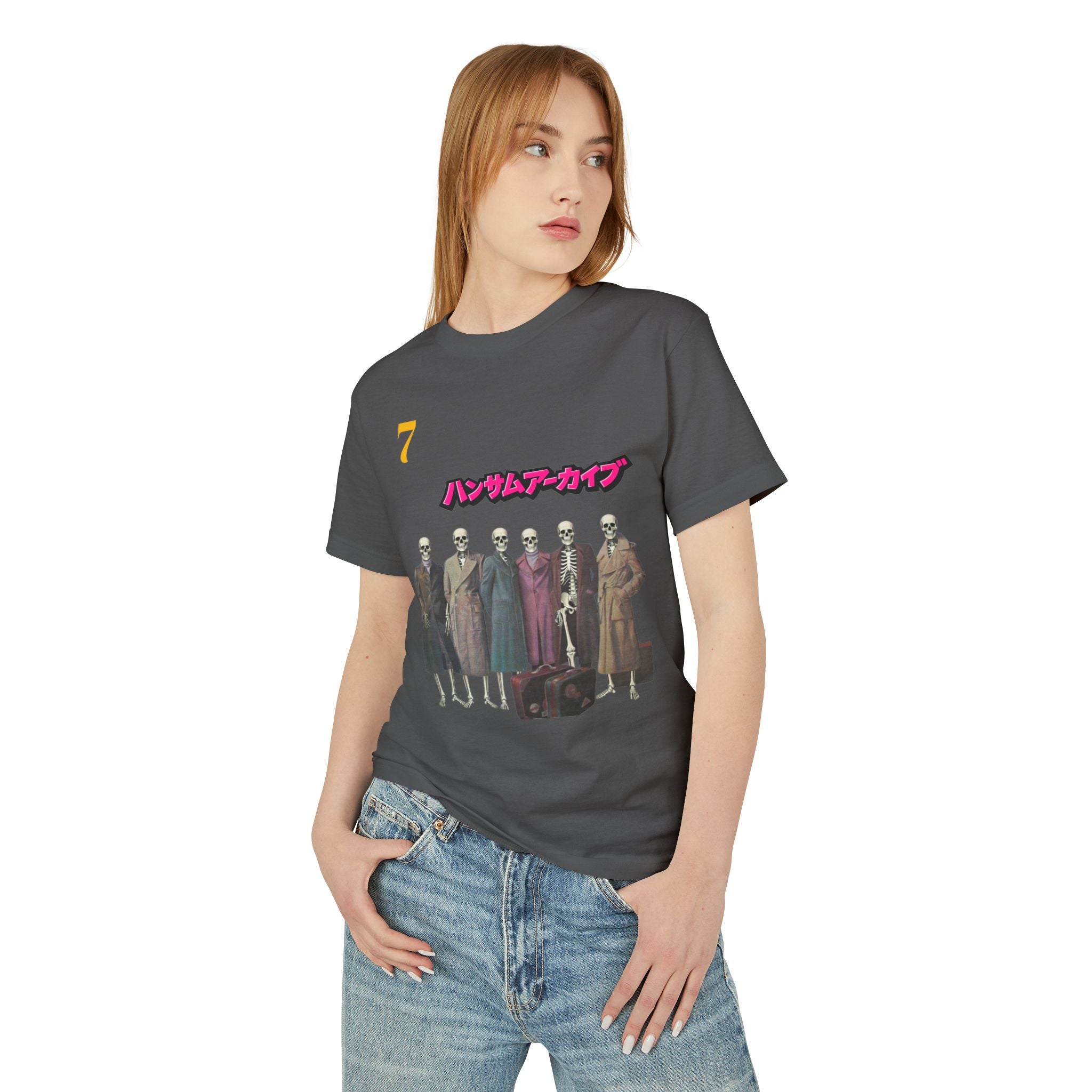 Dark graphic gang tee on model with yellow "7" and skeleton character print on front