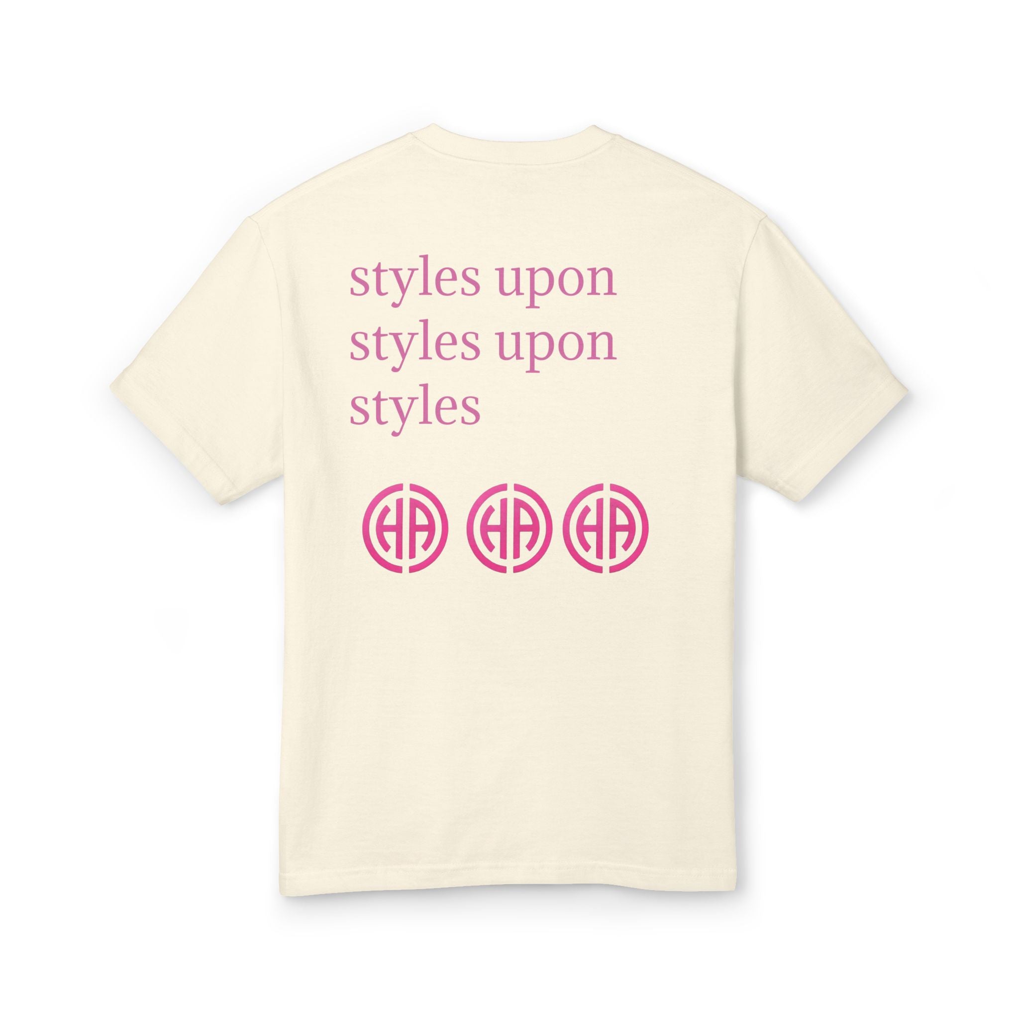 Cream T-shirt back with pink text “styles upon” and three circular logos