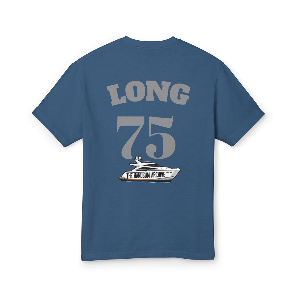 Faded navy T-shirt with "LONG 75" back print graphic