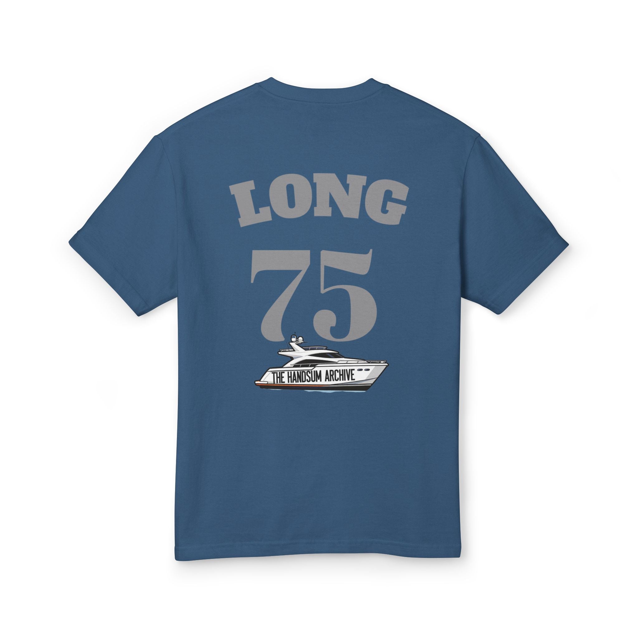 Faded navy T-shirt with "LONG 75" back print graphic