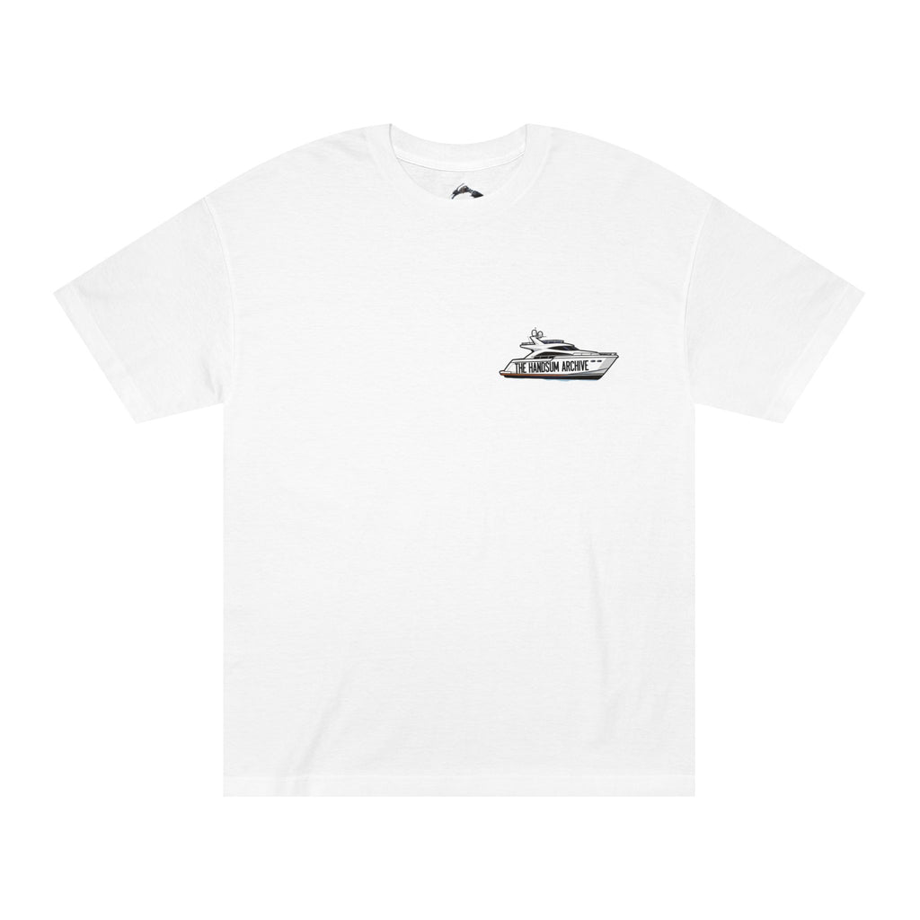 White crew-neck graphic tee with small chest yacht emblem.