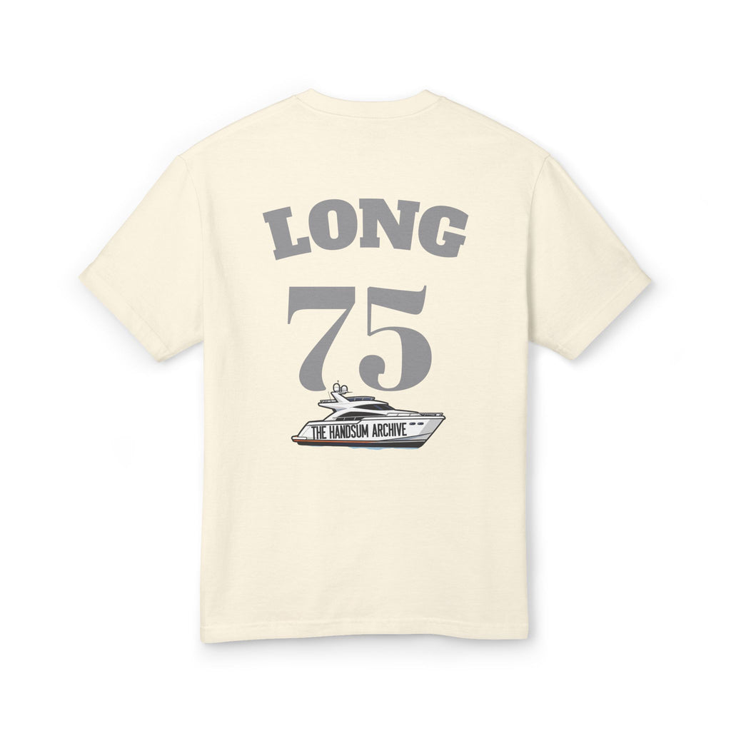 Faded cream T-shirt with "LONG 75" back print graphic