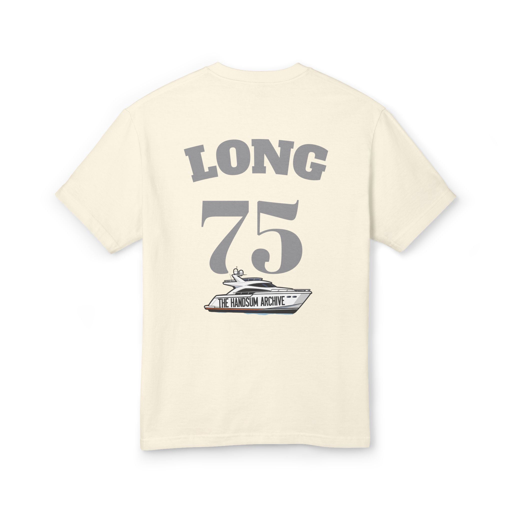 Faded cream T-shirt with "LONG 75" back print graphic