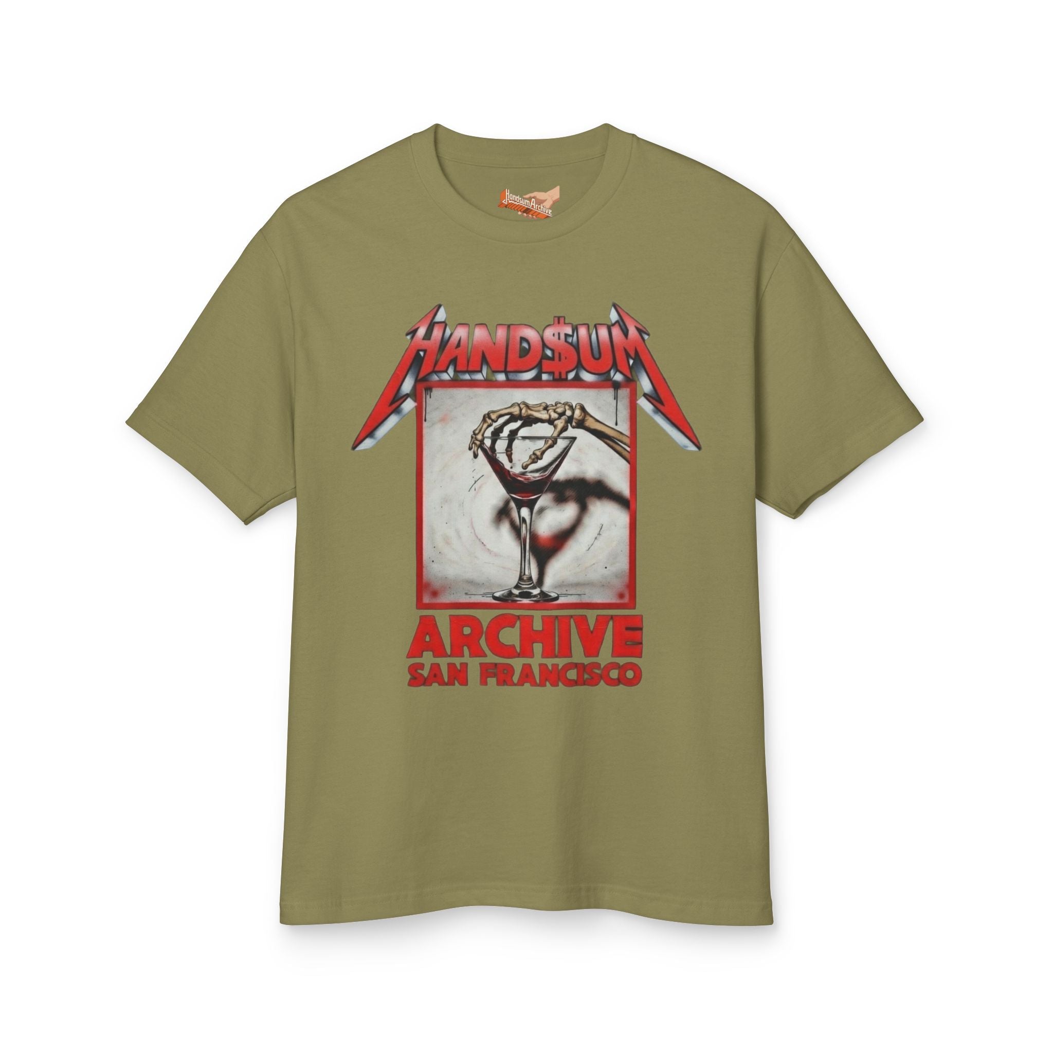 Olive Nothing Tee T-shirt with front graphic and red “Archive San Francisco” text