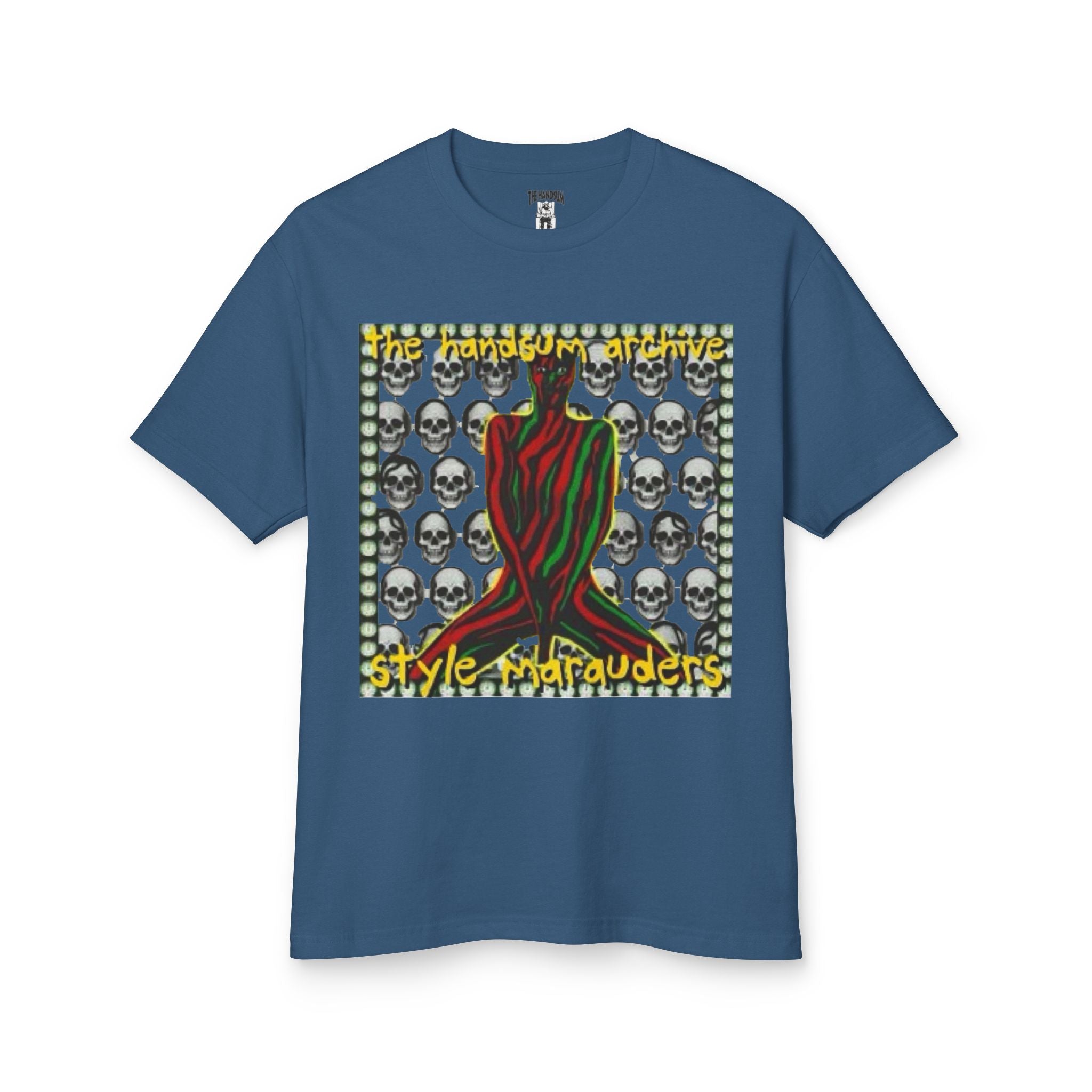 Navy T-shirt with square front graphic of skulls and red-striped character