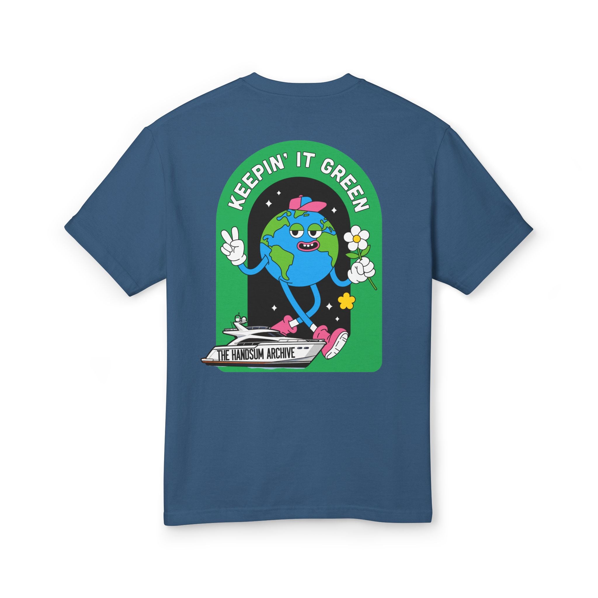 Navy unisex graphic tee with back 'Keepin' It Green' globe cartoon print