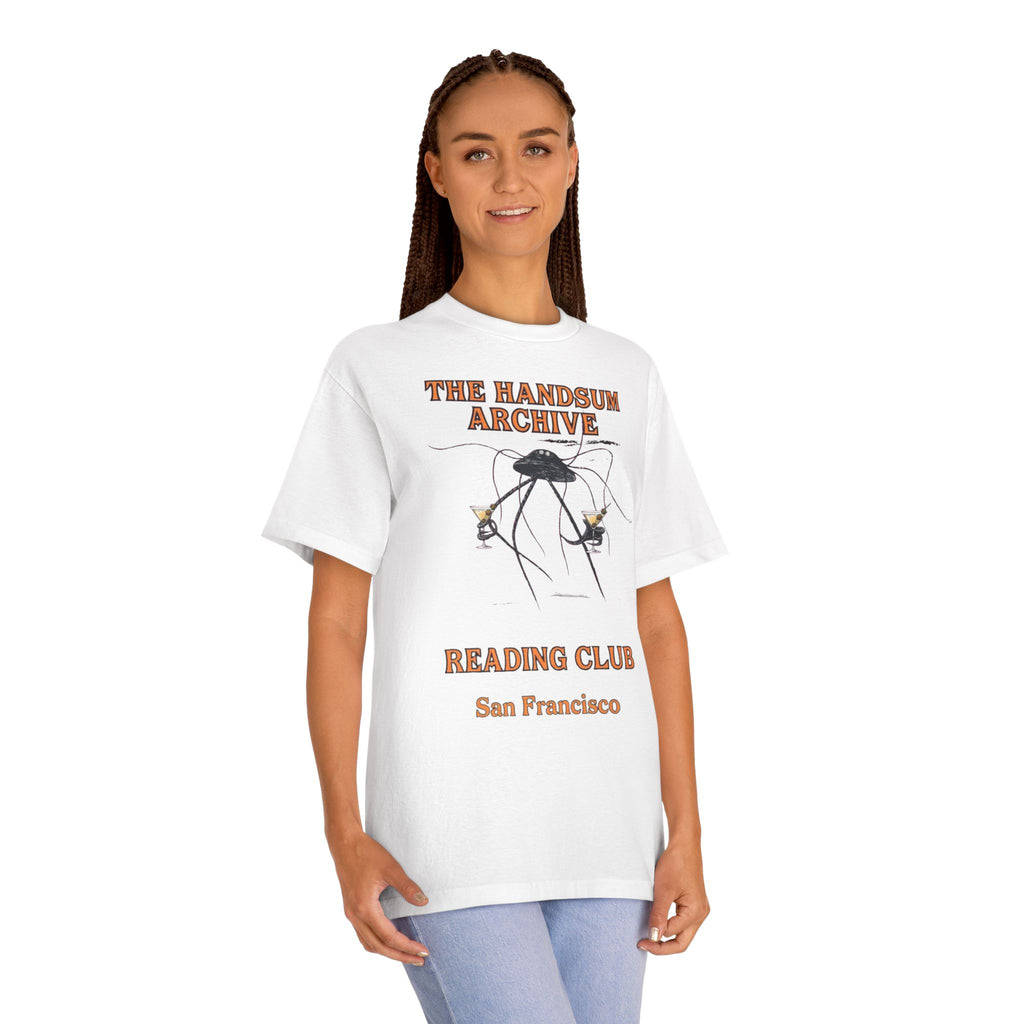 White crewneck T-shirt on model, front bug graphic with Reading Club San Francisco