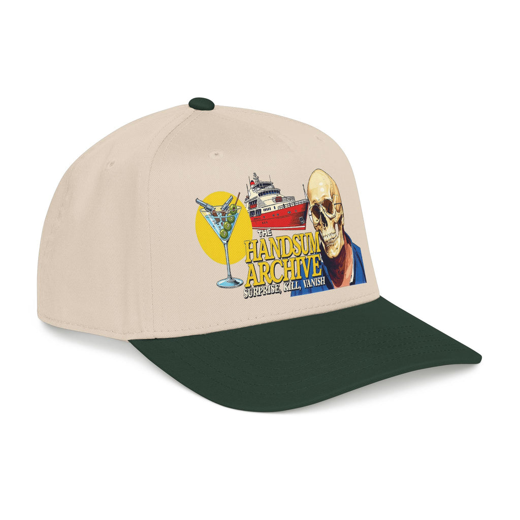 Natural baseball cap with dark green brim and colorful Handsum Archive skull graphic