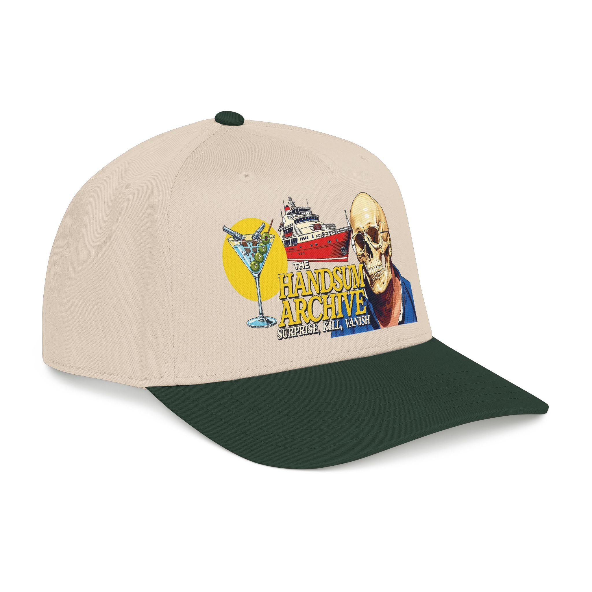 Natural baseball cap with dark green brim and colorful Handsum Archive skull graphic
