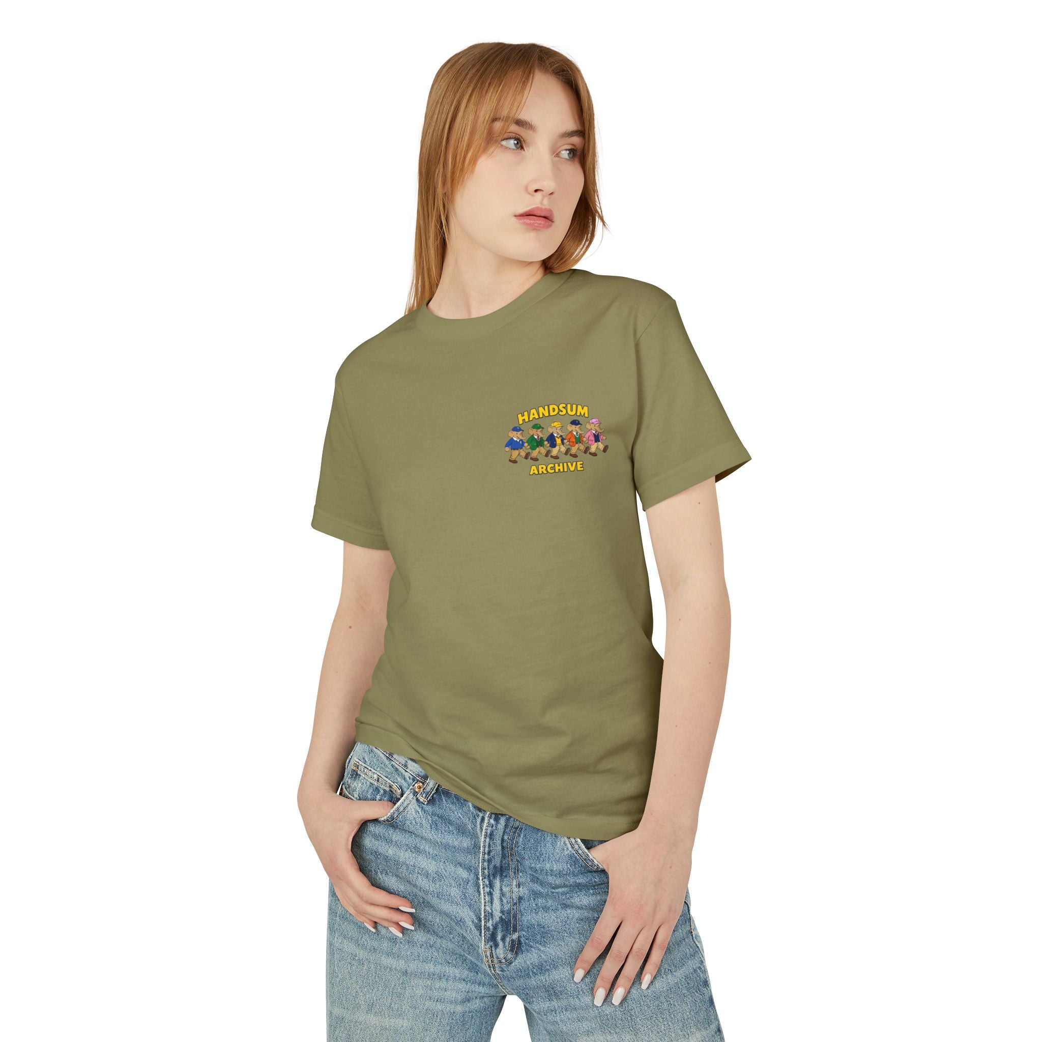 Olive green graphic T-shirt with small chest logo, worn by model