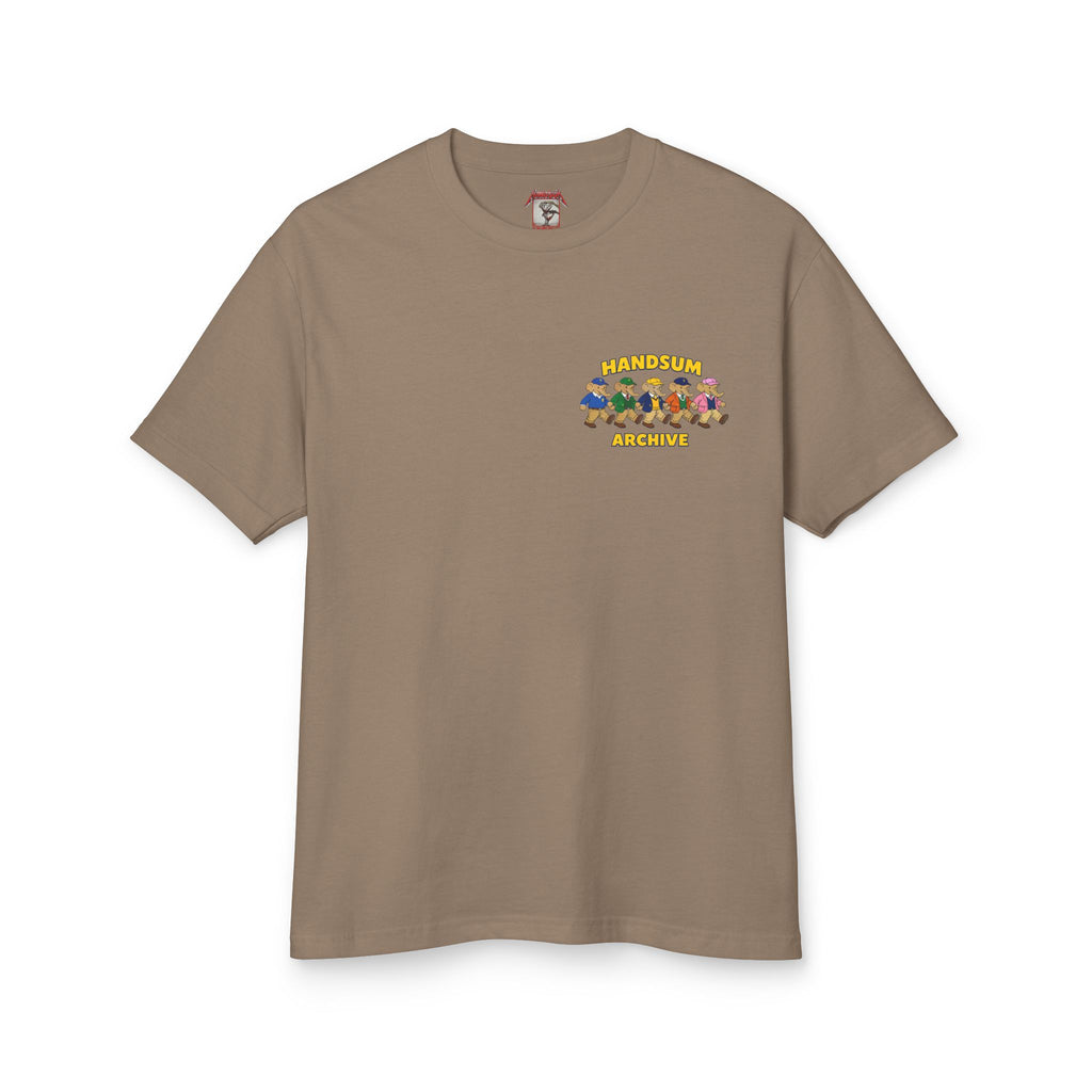 Taupe Liberty Style tee with small chest logo graphic and crew neck