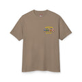 Taupe Liberty Style tee with small chest logo graphic and crew neck