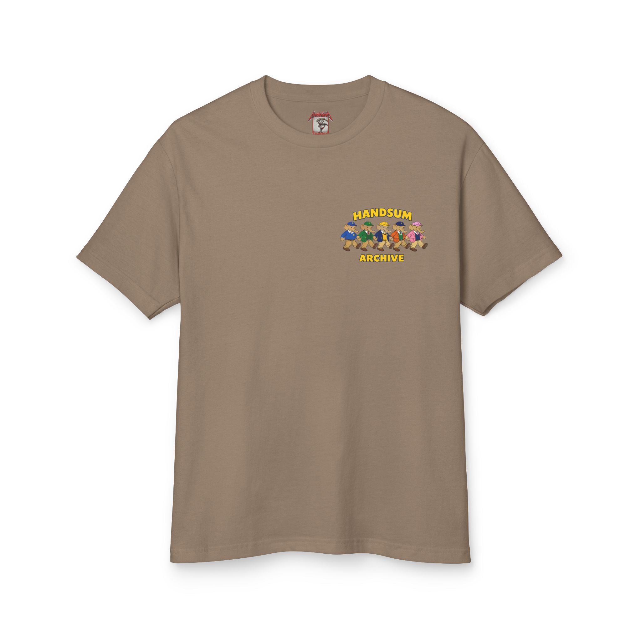 Taupe Liberty Style tee with small chest logo graphic and crew neck