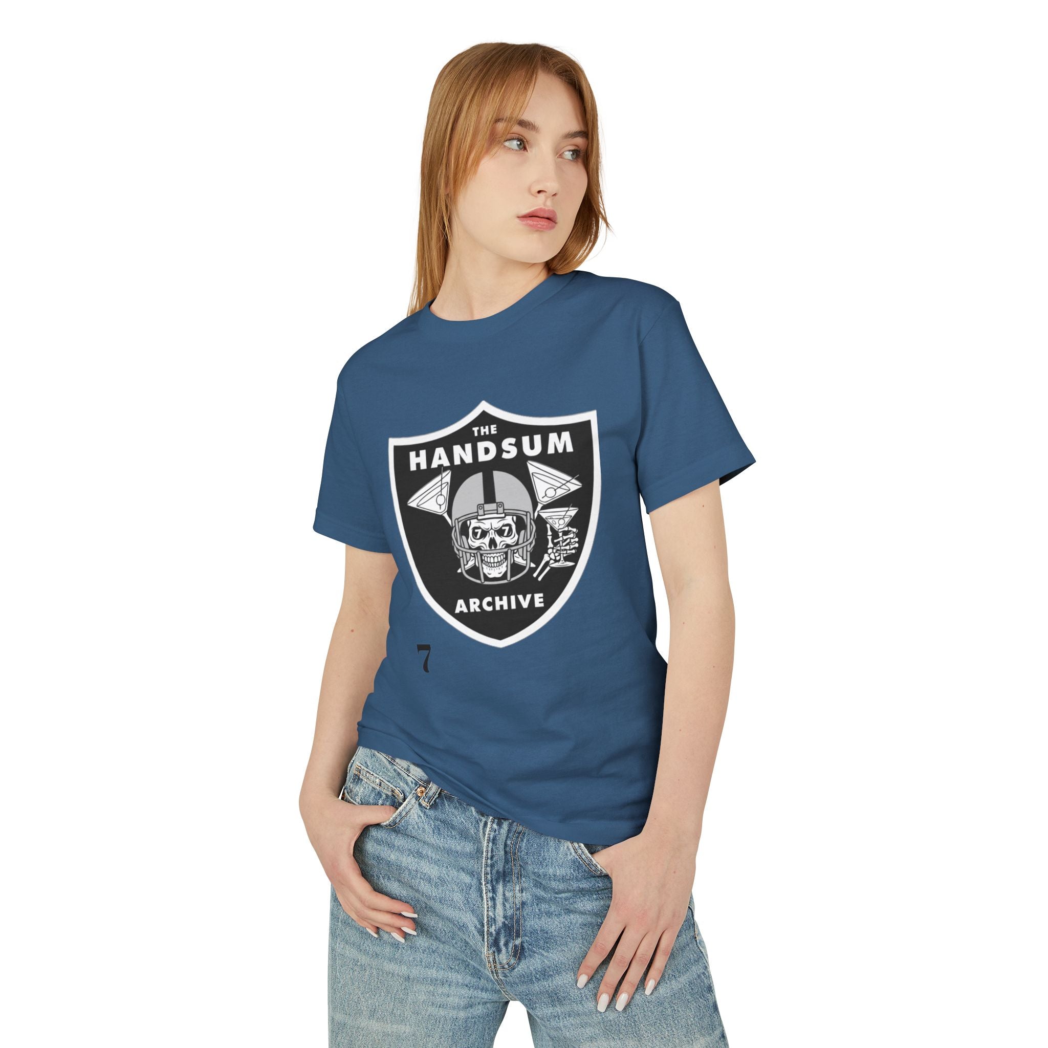Blue cotton T-shirt with Handsum Archive shield skull graphic on chest
