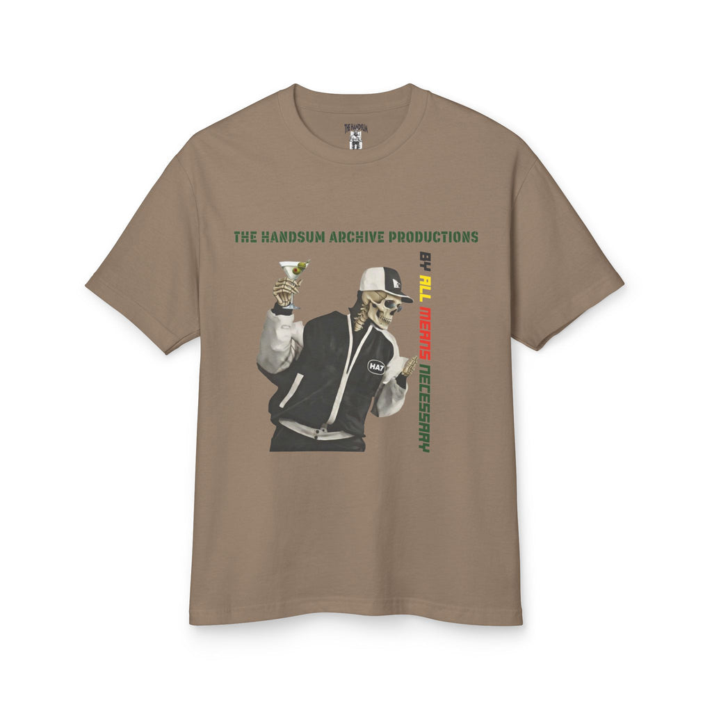Taupe graphic T-shirt with illustrated character and vertical wordmark print