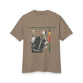 Taupe graphic T-shirt with illustrated character and vertical wordmark print
