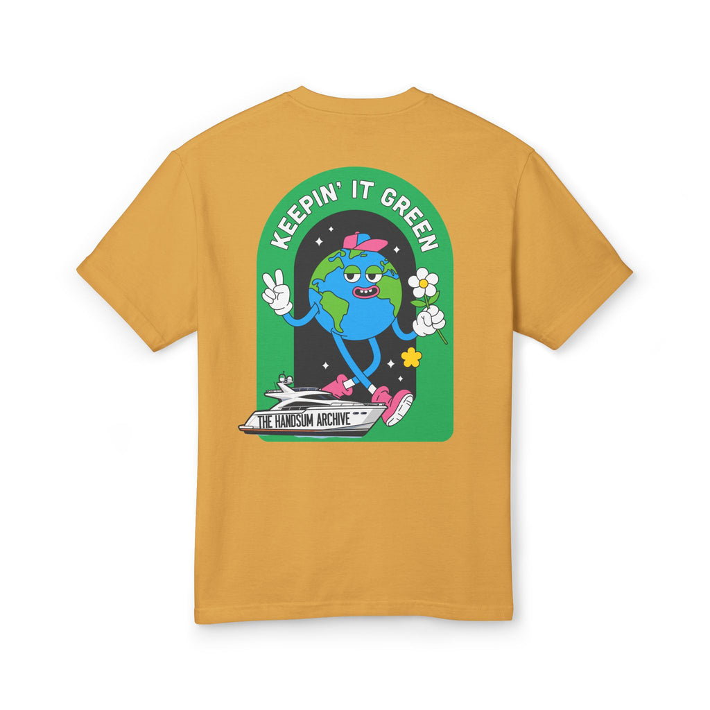 Mustard yellow unisex graphic tee with back globe cartoon print