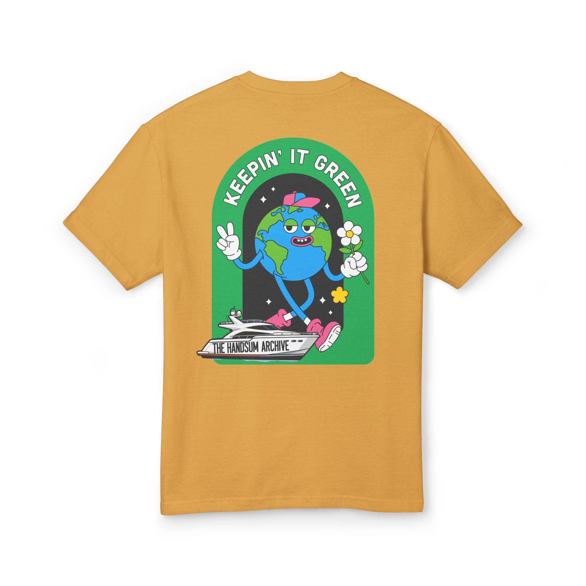 Mustard yellow unisex graphic tee with back globe cartoon print