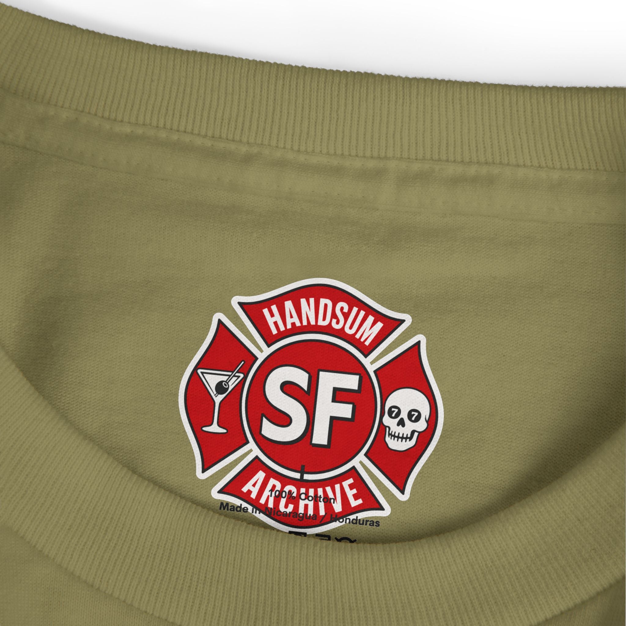 Olive tee close-up of red Handsum SF Archive chest logo