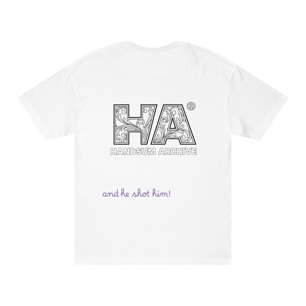 White T-shirt back with HA logo print and purple script text, short sleeves