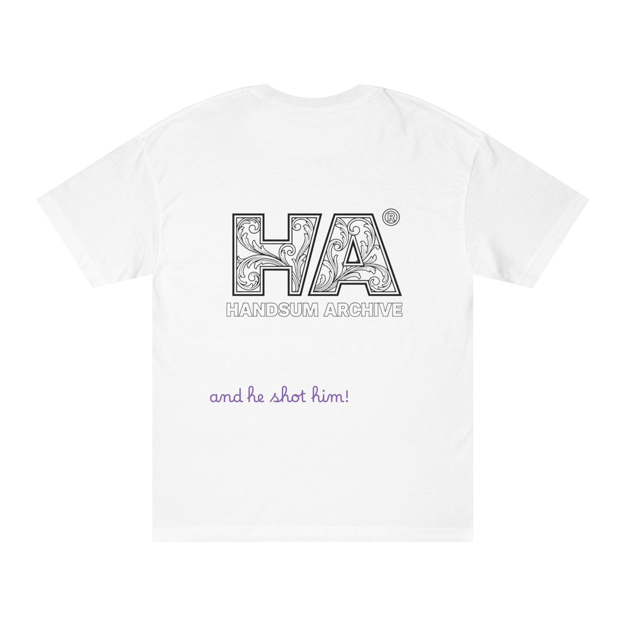 White T-shirt back with HA logo print and purple script text, short sleeves