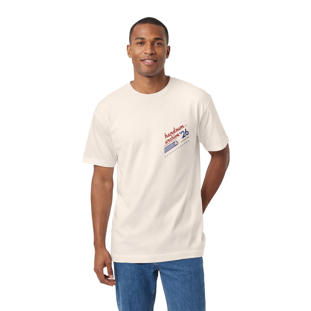 Light beige crewneck T-shirt with small chest logo graphic print.