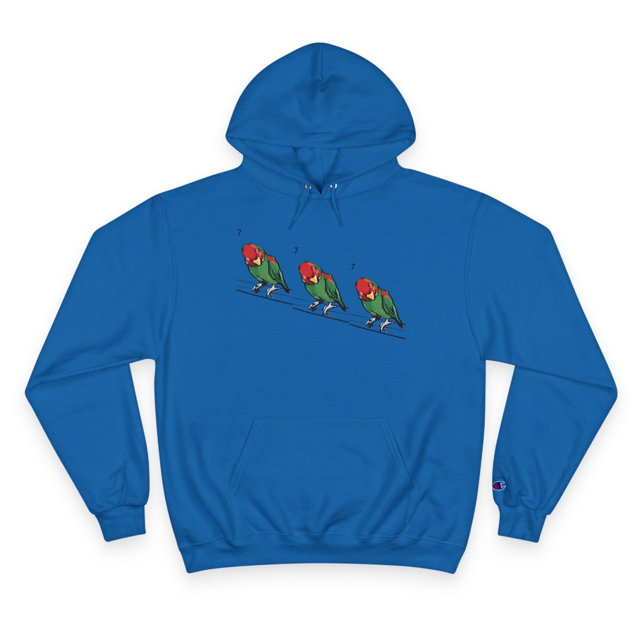 Royal blue pullover hoodie with bird lineup graphic, drawstring hood and front pocket.