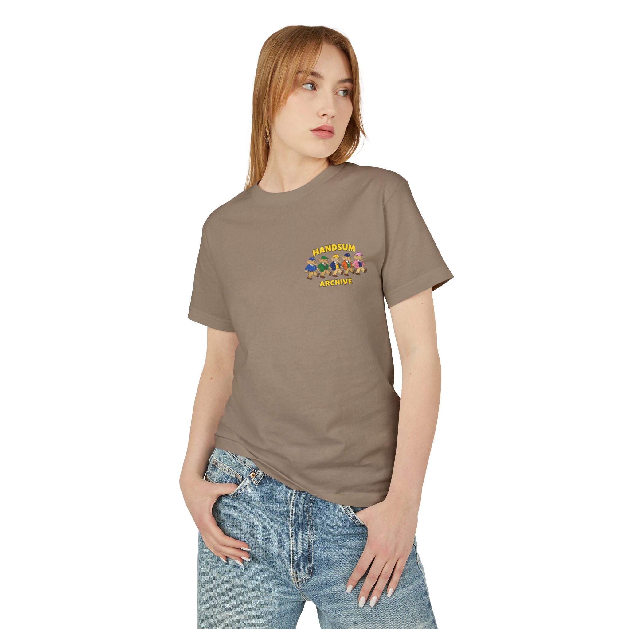 Brown graphic T-shirt with small chest logo, worn by model