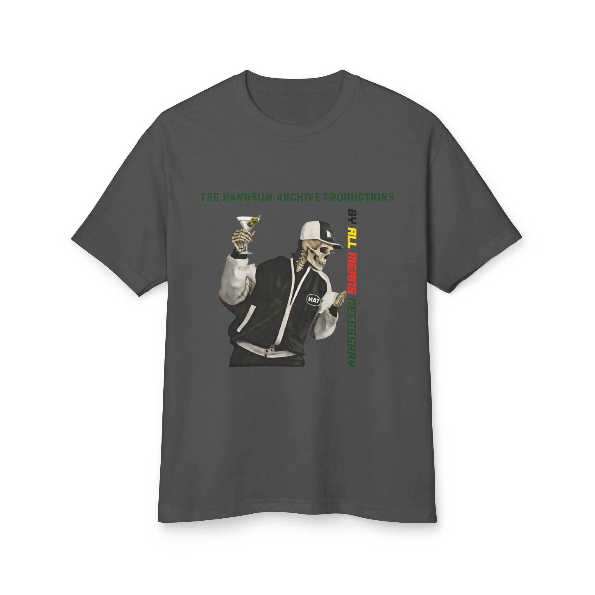Charcoal graphic T-shirt with illustrated character and vertical wordmark print