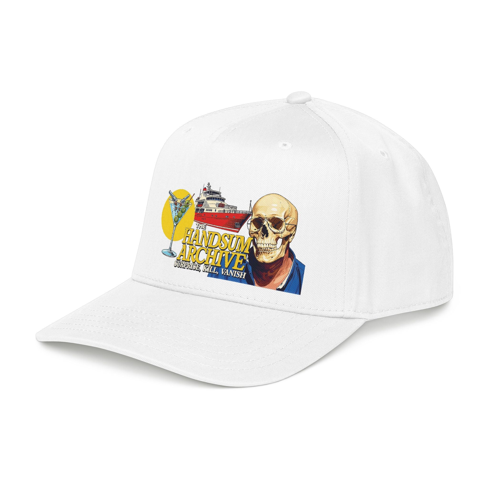 White baseball cap with front skull and cocktail graphic, angled view
