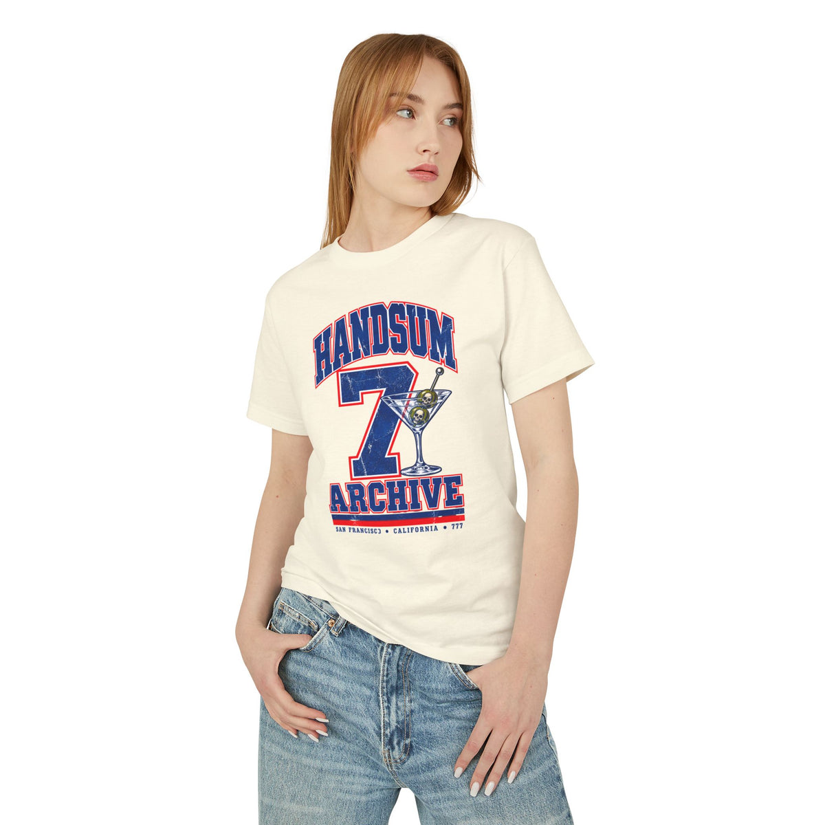 Faded cream T-shirt worn by model with blue/red 'Handsum Archive' number 7 front