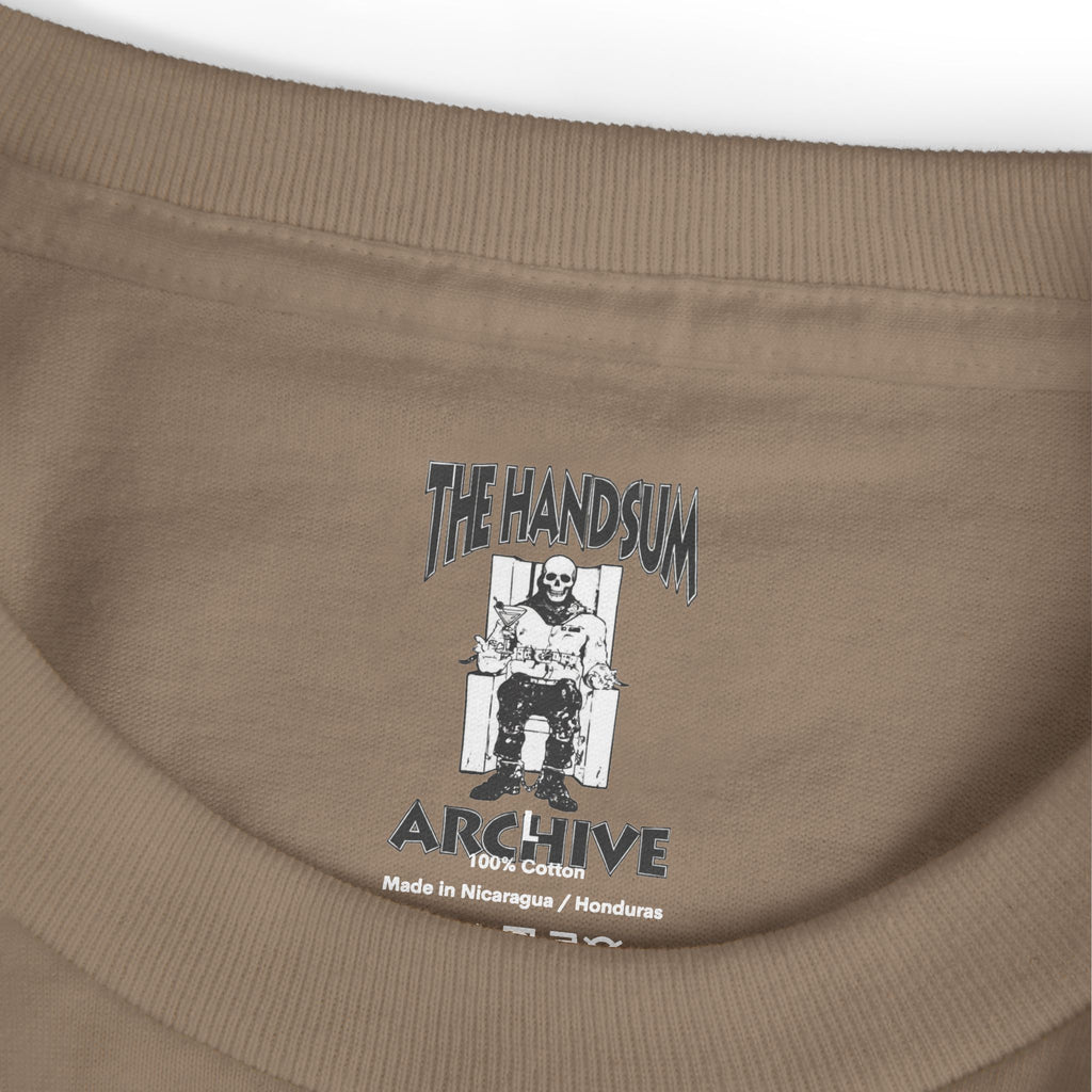Marauders graphic tee in faded brown with "The Handsum Archive" print on neckline