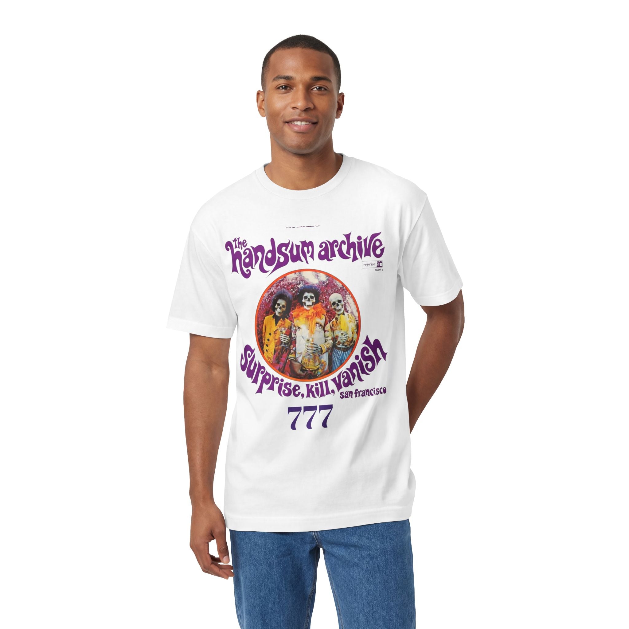 White crew neck T-shirt with circular purple graphic print and number 777 on chest