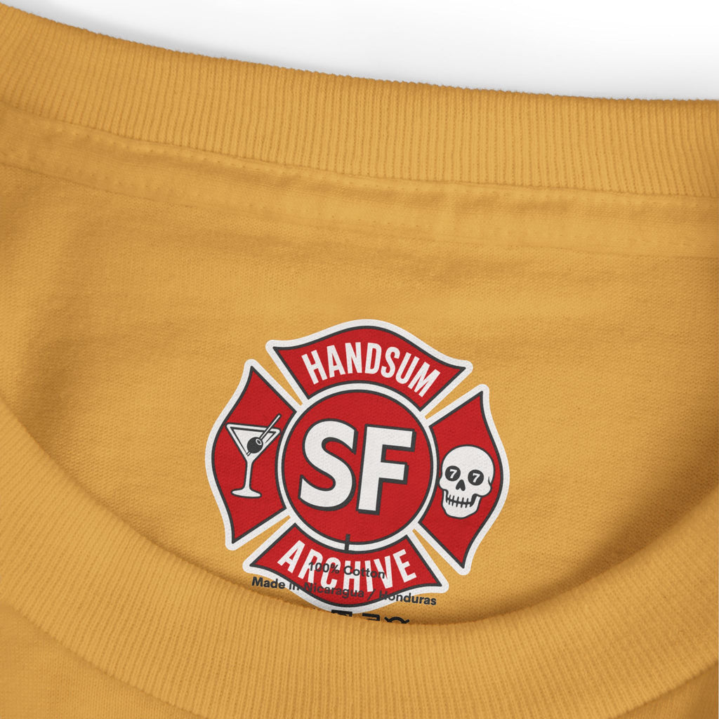Mustard yellow tee close-up of red Handsum SF Archive logo on chest