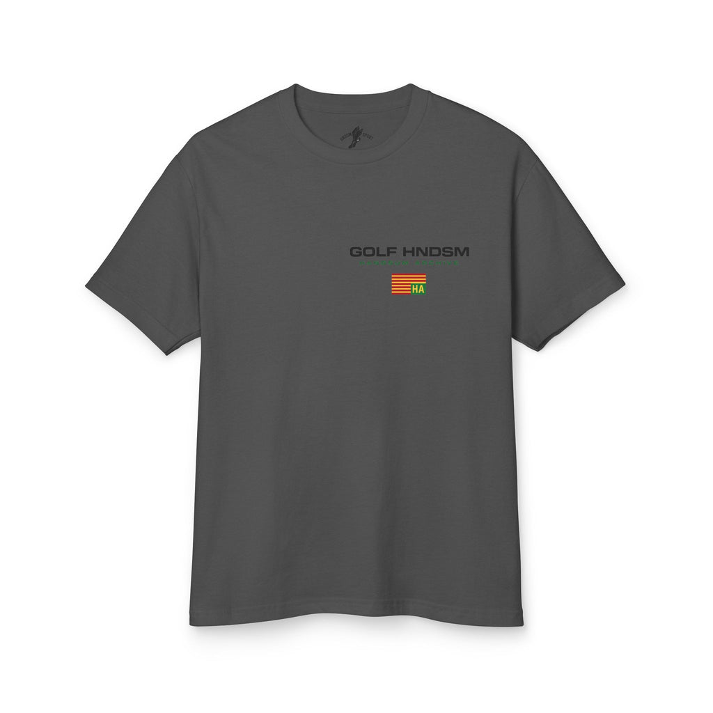 Dark gray crew-neck cotton tee with small front logo and HA emblem