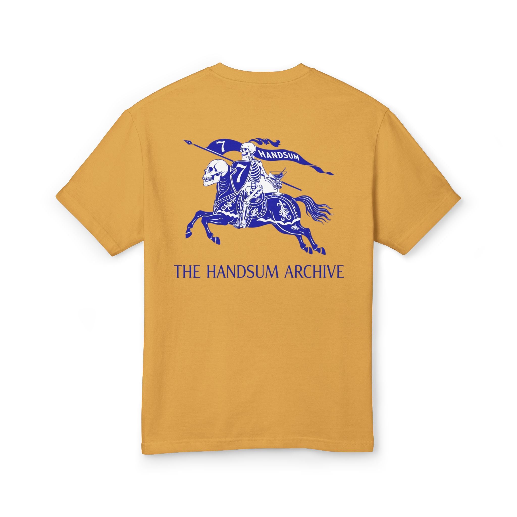 Mustard graphic T-shirt back with blue horse rider and 'THE HANDSUM ARCHIVE' print