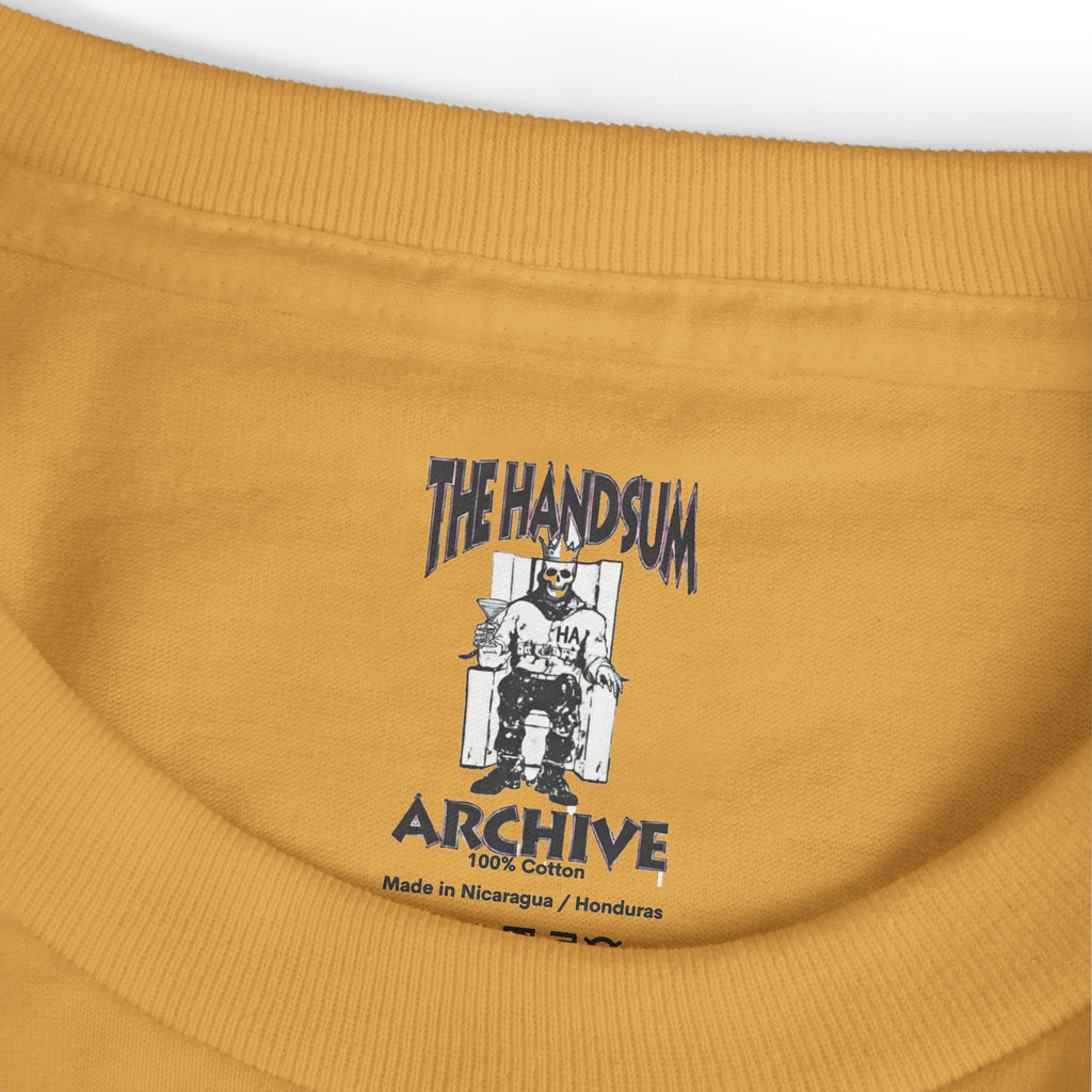 Mustard-brown cotton graphic T-shirt, ribbed crew neck with “ARCHIVE” logo print