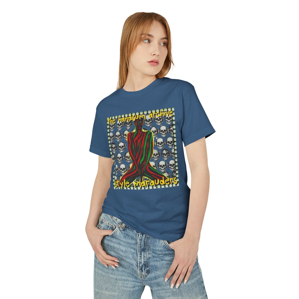 Blue crew neck graphic Marauders T-shirt with colorful skull and neon-style print