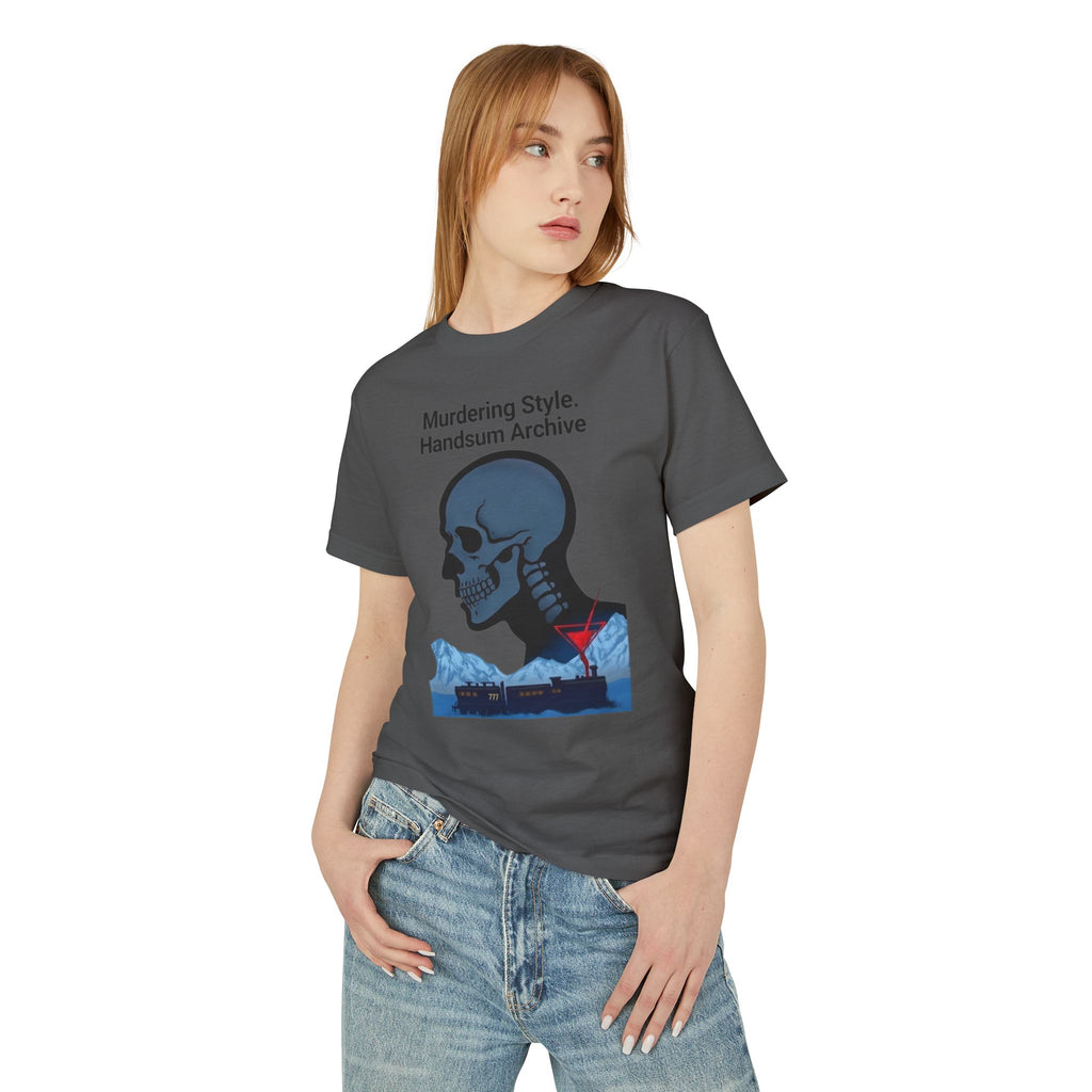 Front of dark gray graphic T-shirt with blue skull and city scene print