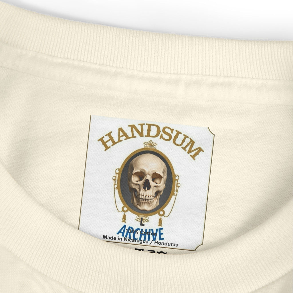 Cream tee neckline label with Handsum Archive branding