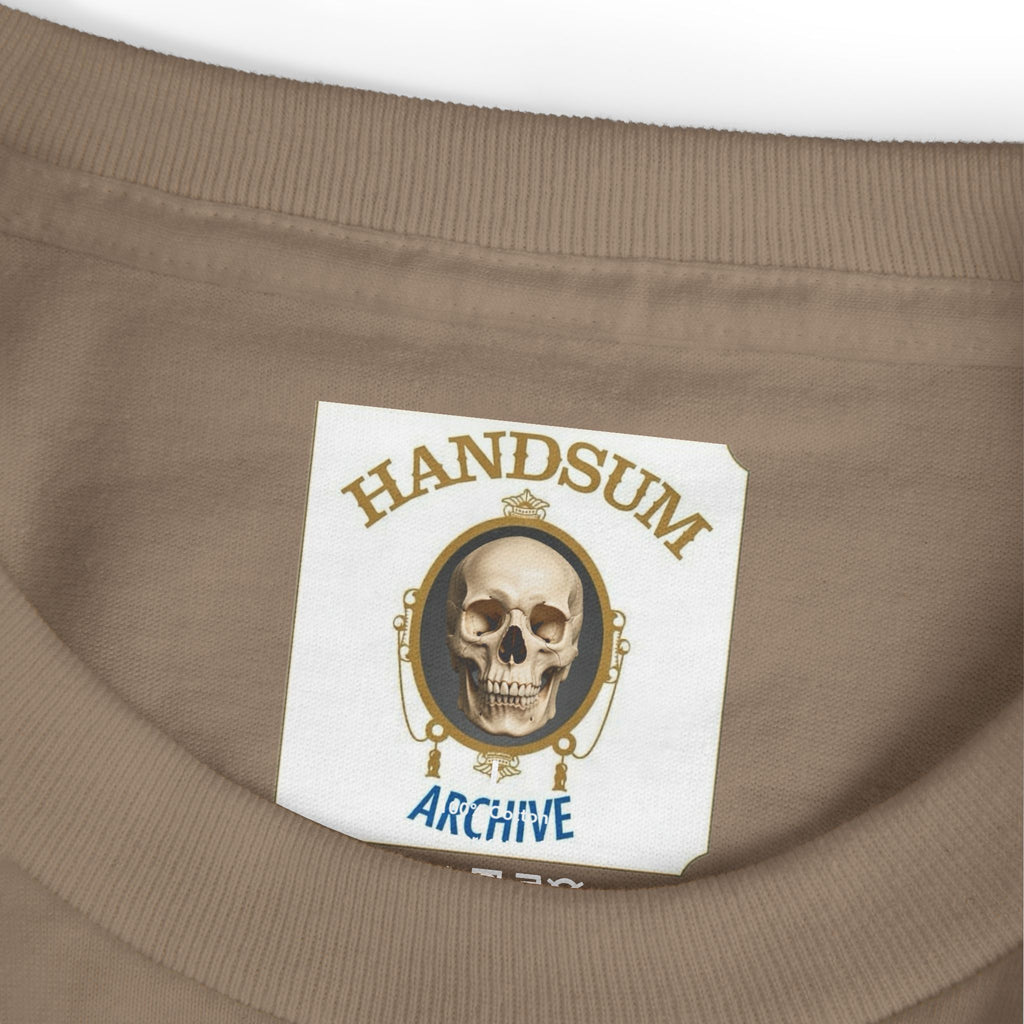 Faded brown crewneck tee with skull logo patch graphic