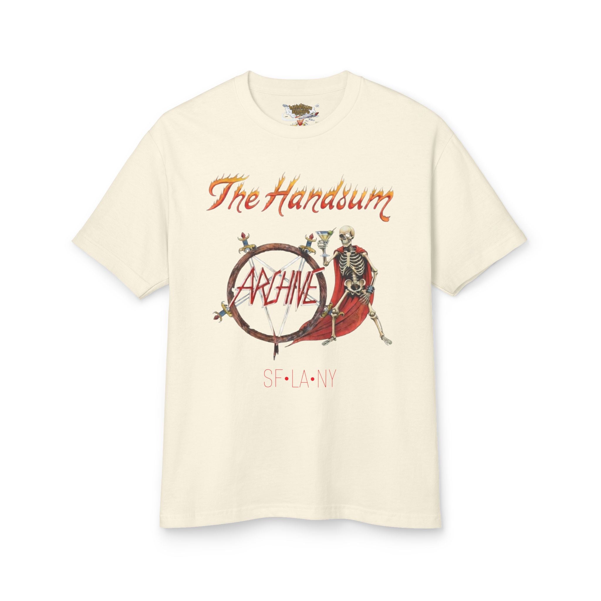 Cream crewneck Slayer Generational tee with skeleton bicycle graphic on front