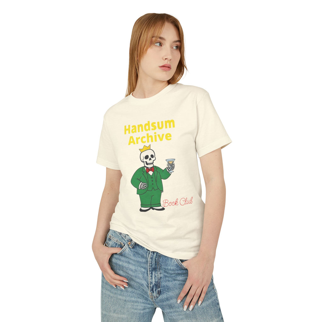 Cream T-shirt with Handsum Archive skull character and drink graphic on the front